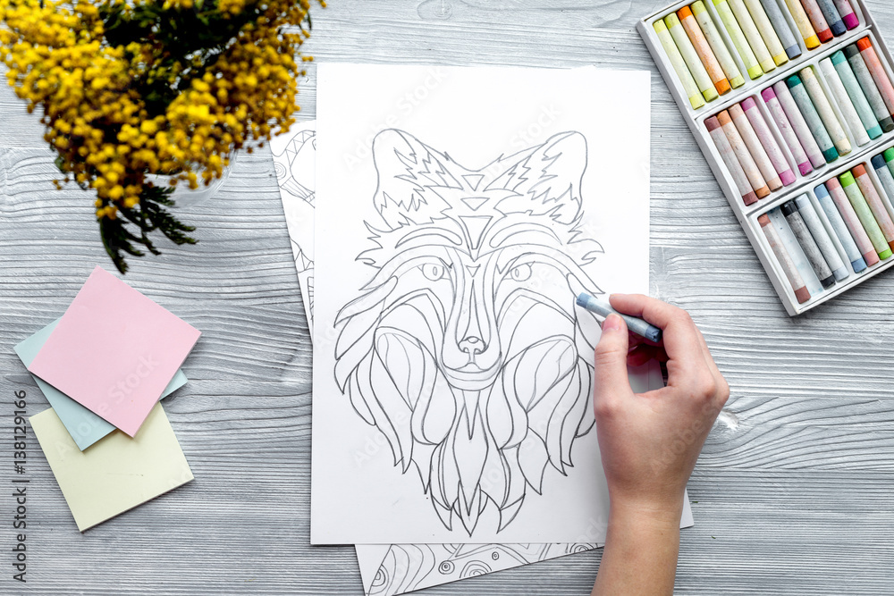 coloring picture for adults on wooden background top view