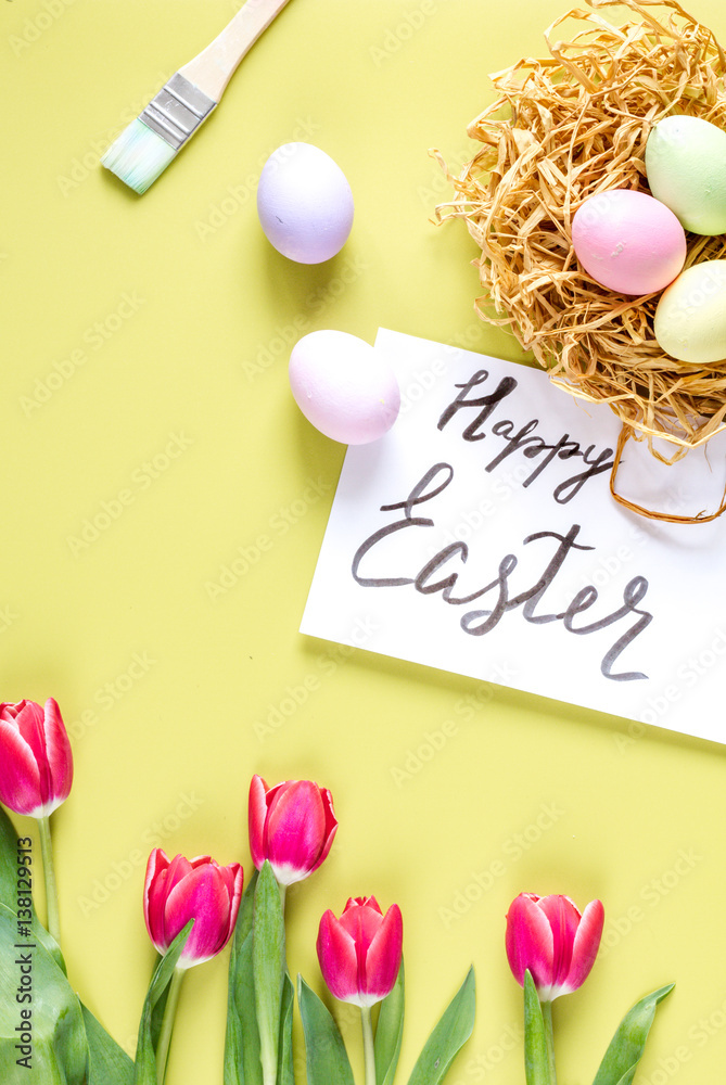 Easter concept on yellow background top view mockup