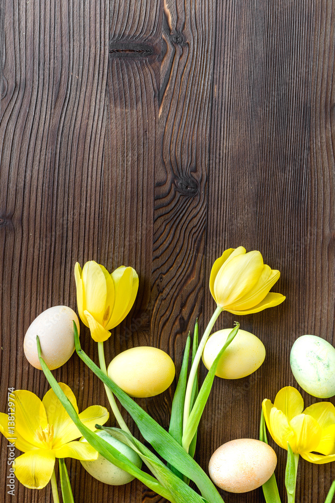 Easter concept eggs with tulip top view mock up