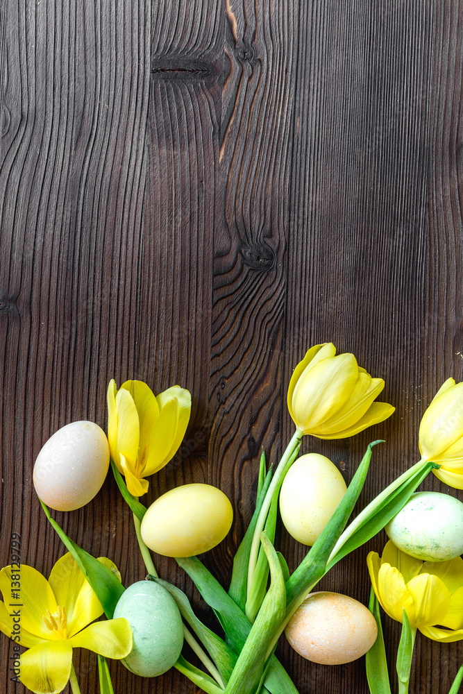 Easter concept eggs with tulip top view mock up