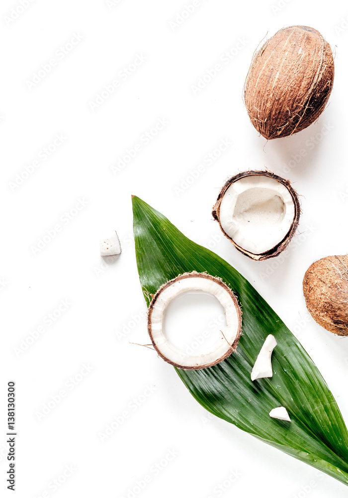 cocktail with coconut on white background top view