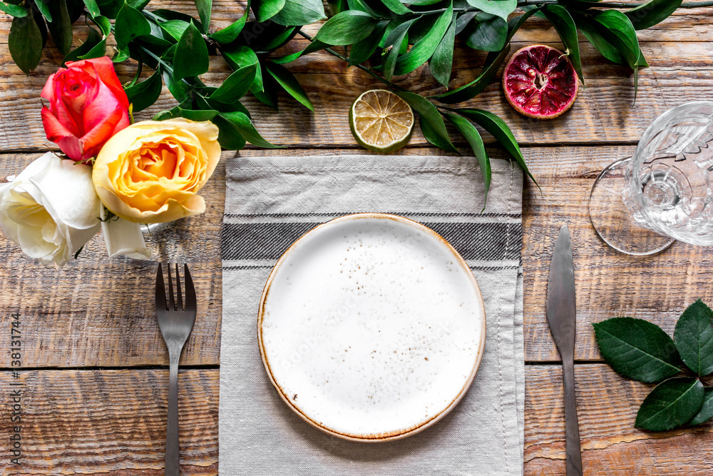 ceramic tableware top view on wooden background mock up