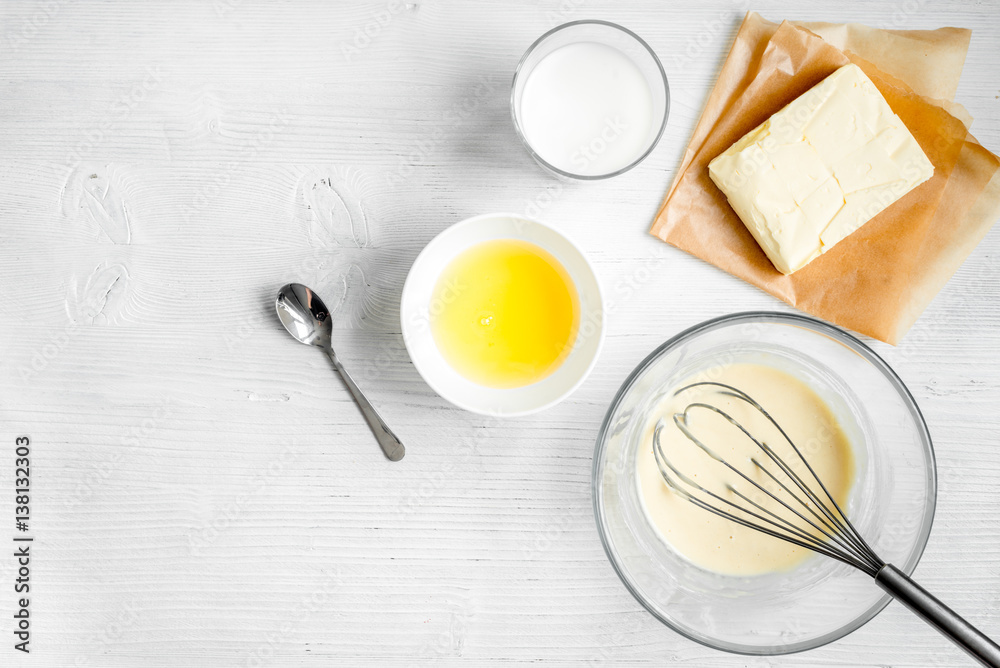 cooking pancake on white background top view ingredients for making