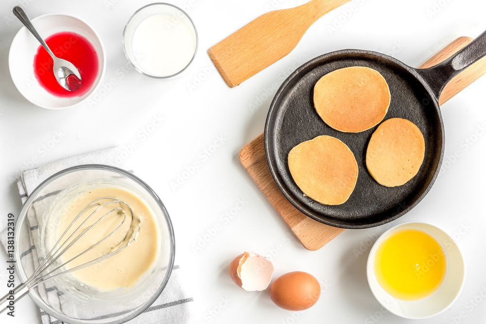 cooking pancake on white background top view ingredients for making