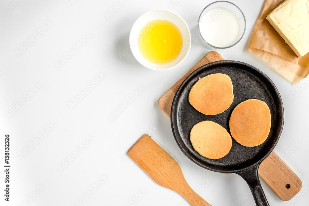 cooking pancake on white background top view ingredients for making