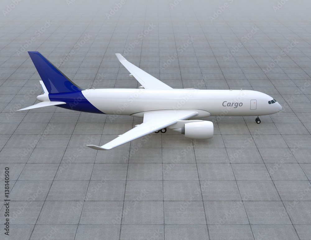 Cargo airplane taxiing on the runway. 3D rendering image.