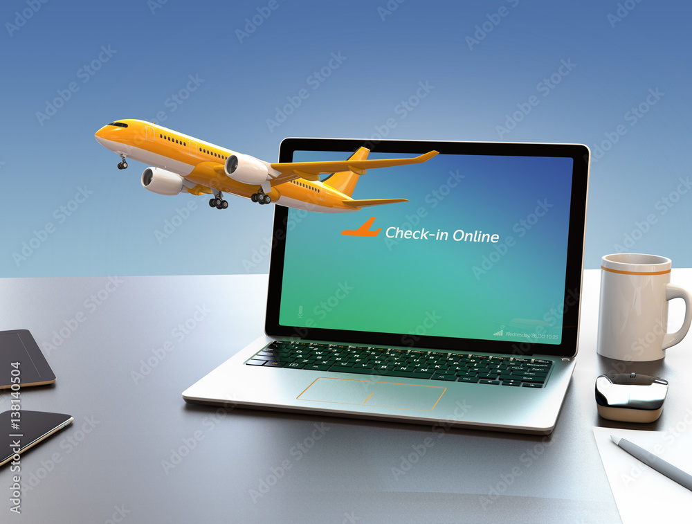 Passenger plane taking off from laptop computer. Online flight check in concept. 3D rendering image.