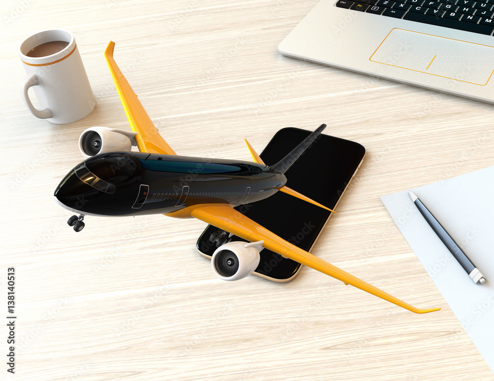 Passenger plane taking off from smart phone. Mobile airlines check in concept. 3D rendering image.