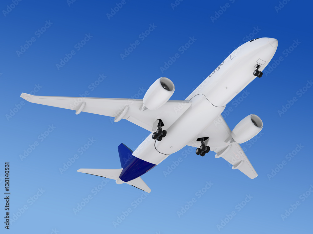 Cargo airplane flying in the sky. 3D rendering image.