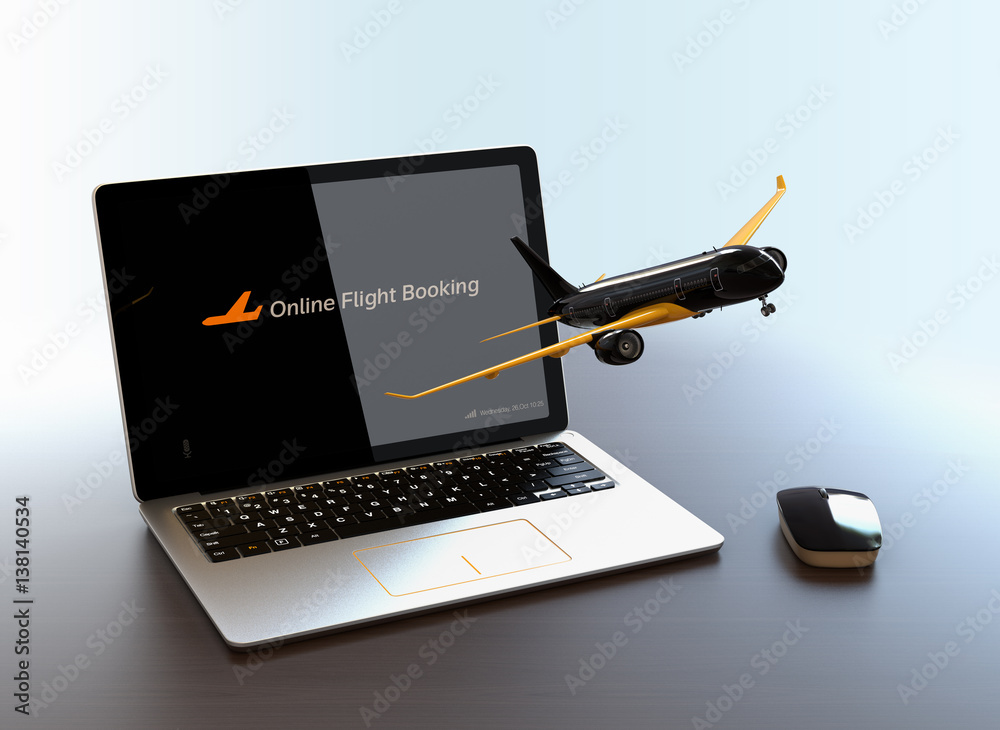 Passenger plane taking off from laptop computer. Online flight booking concept. 3D rendering image.