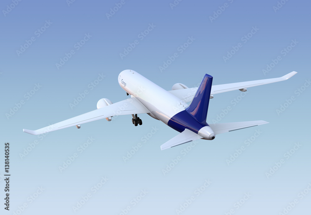 Cargo airplane flying in the sky. 3D rendering image.