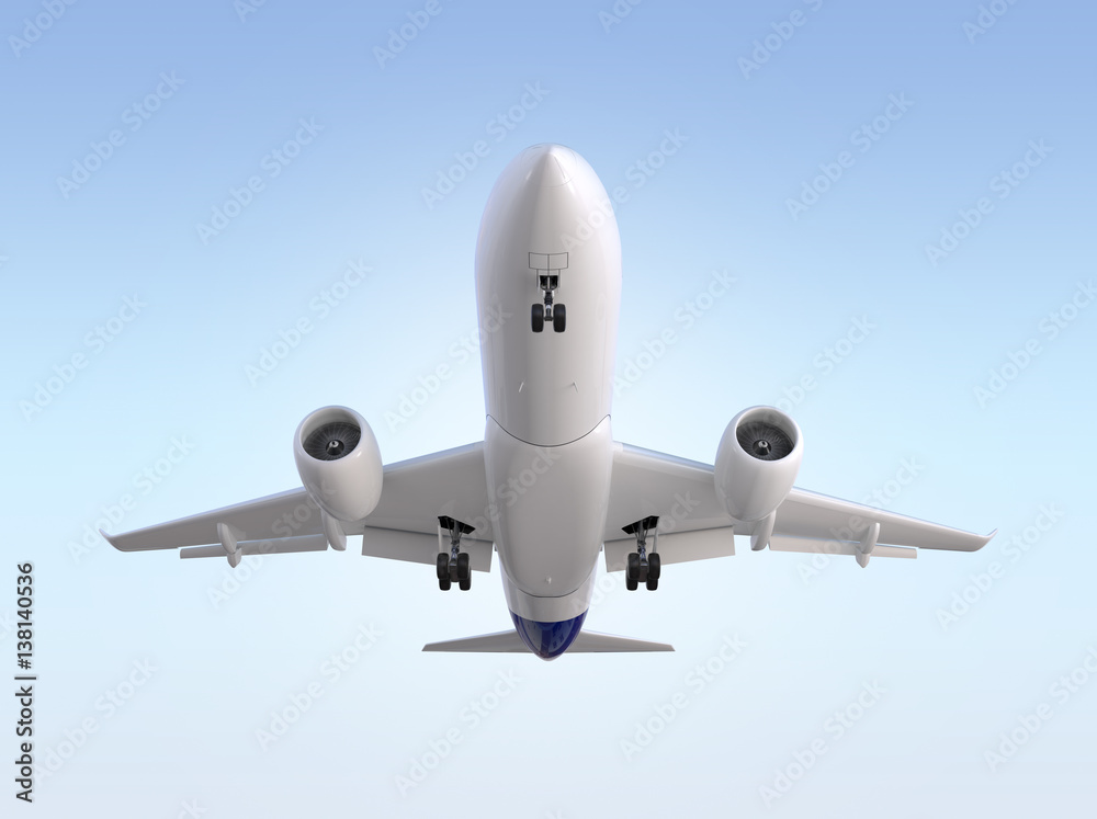 Front view of passenger airplane flying in the sky. 3D rendering image.