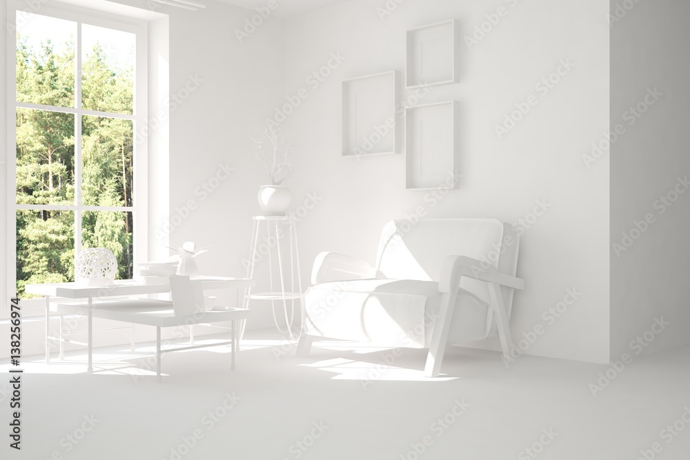 White room with armchair and winter landscape in window. Scandinavian interior design