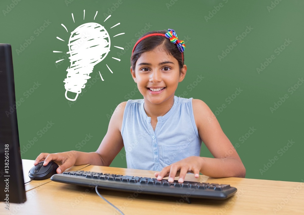 kid and blackboard with lightbulb against a black background