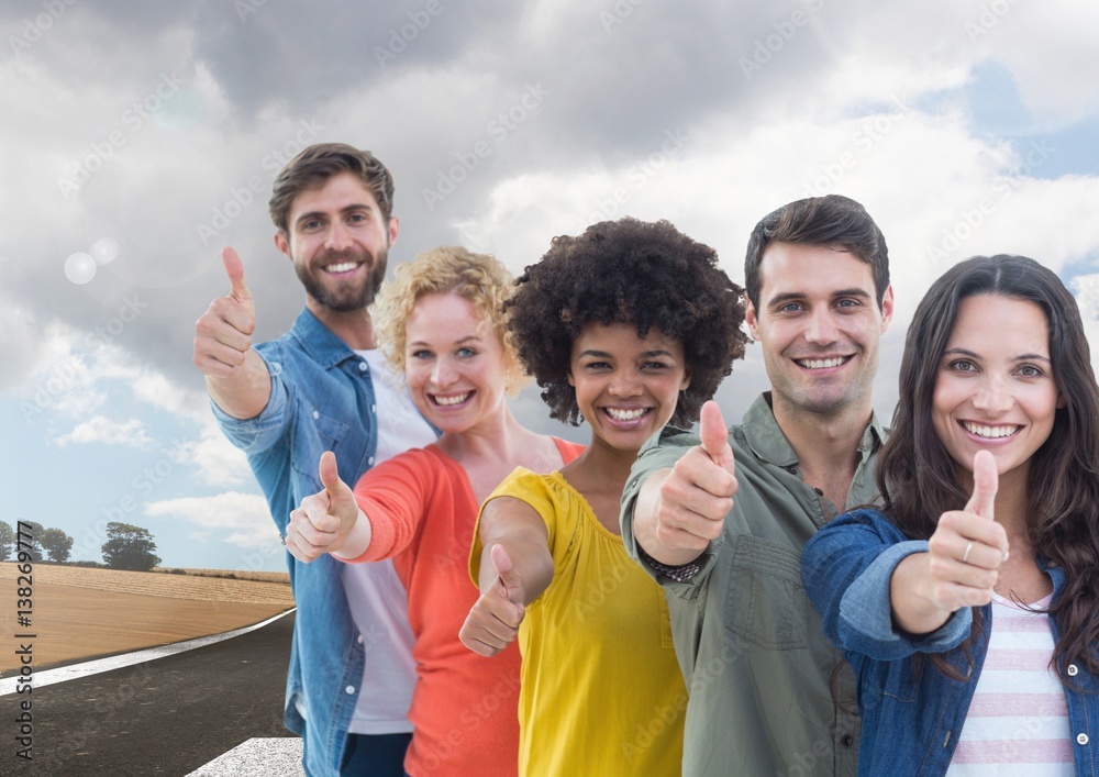 Happy Group of Friends Hiking against a Bright background