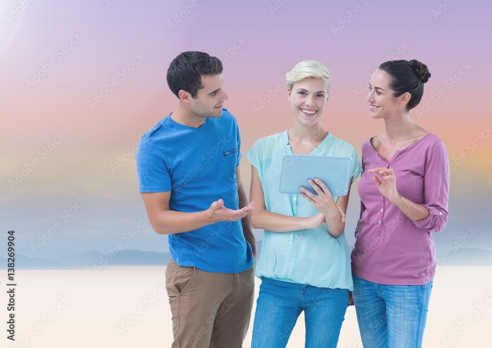 Happy Group of people using tablet against Bright background