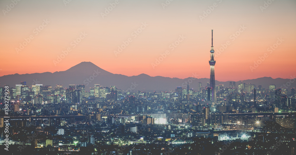 日落时的东京城市景观和富士山。