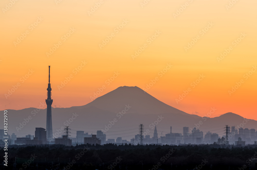 冬季黄昏时分的东京天树和富士山。