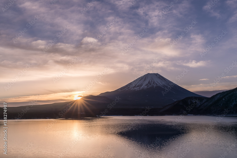 Lake Motosu and Mount Fuji at early morning in winter season. Lake Motosu is the westernmost of the 