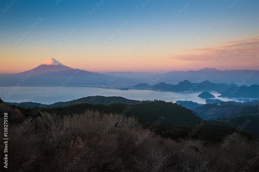 Sunset landscape of Mountain Fuji and Suruga Bay at Shizuoka prefecture