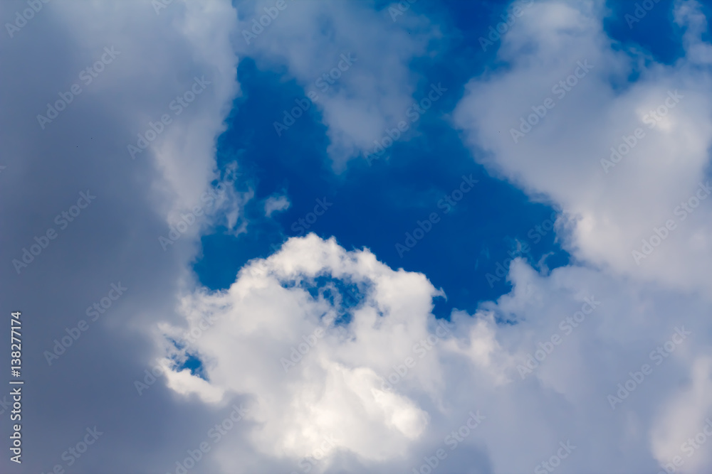 sun with sunbeams in a beautiful cloudy sky. blue sky is covered by white clouds