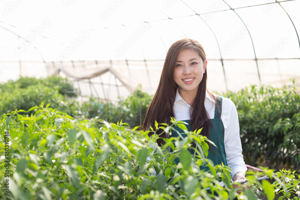 young asian woman working in green house