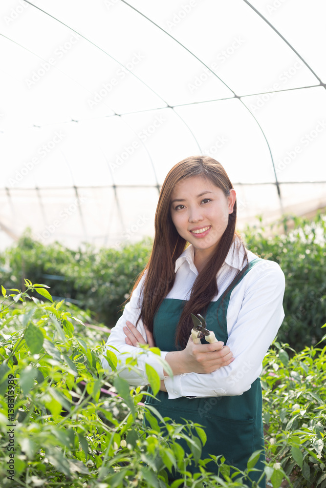 young asian woman working in green house