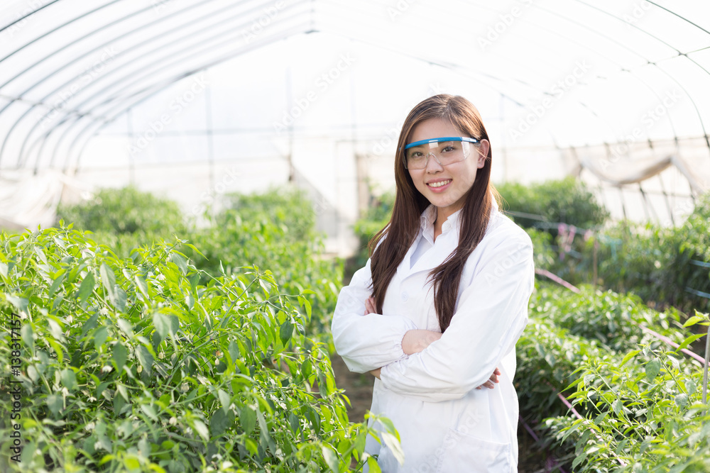 young asian woman working in green house