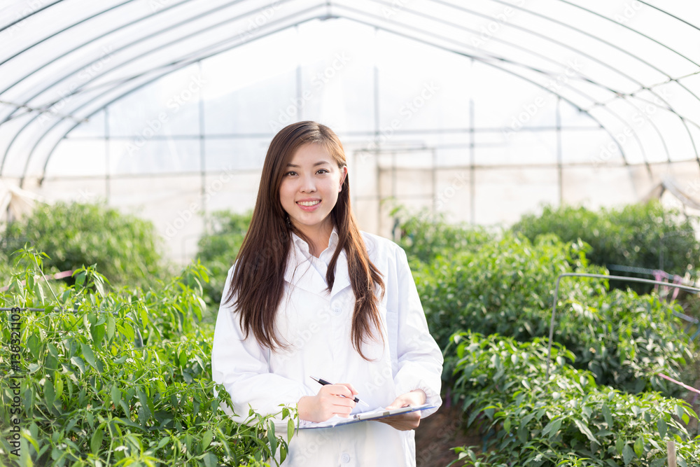 young asian woman working in green house