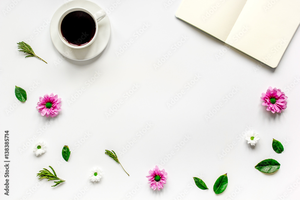 Flat lay with coffee and copybook top view mock up