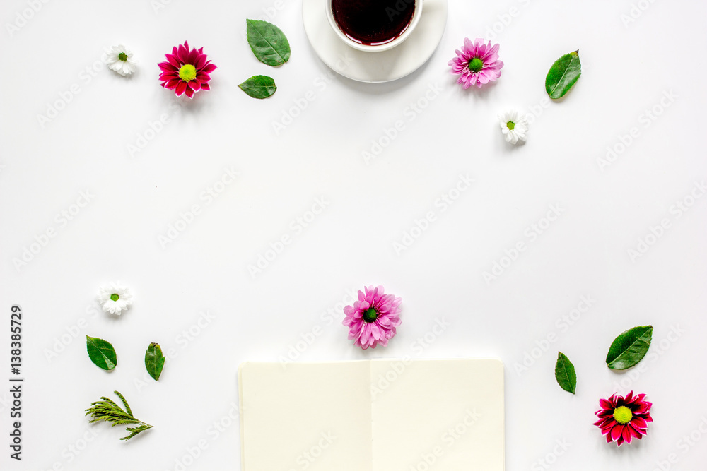 Copybook, americano and flowers on white table top view mock-up