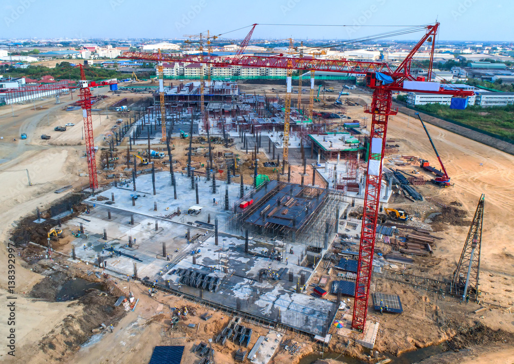 Construction site with cranes. Construction workers are building.Aerial view.Top view.