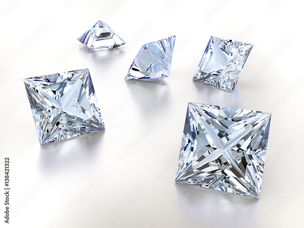 Princess cut diamonds isolated on white background, 3d illustration.