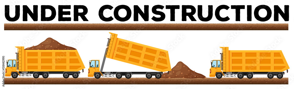 Underconstruction scene with three dump trucks