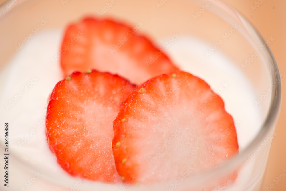 Strawberry Yoghurt. Healthy food with Strawberries and yoghurt breakfast on table.