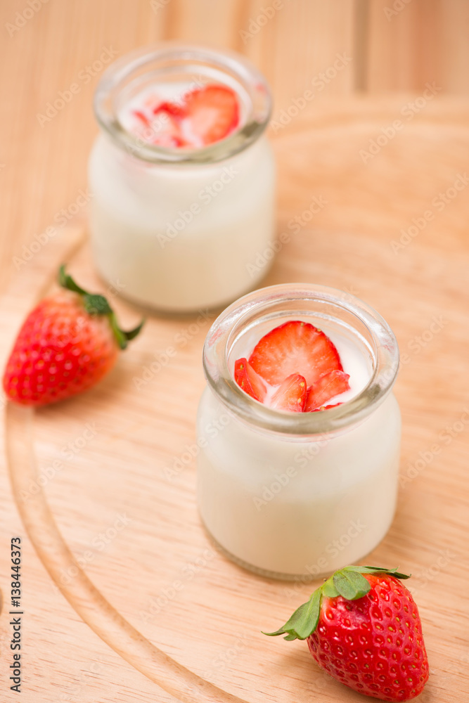 Strawberry Yoghurt. Healthy food with Strawberries and yoghurt breakfast on table.