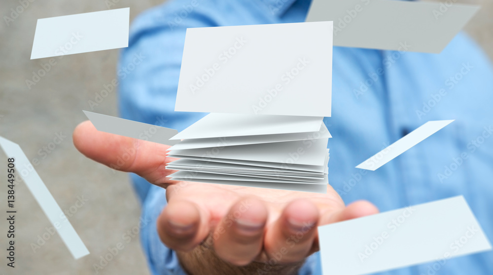 Businessman holding floating business card 3D rendering