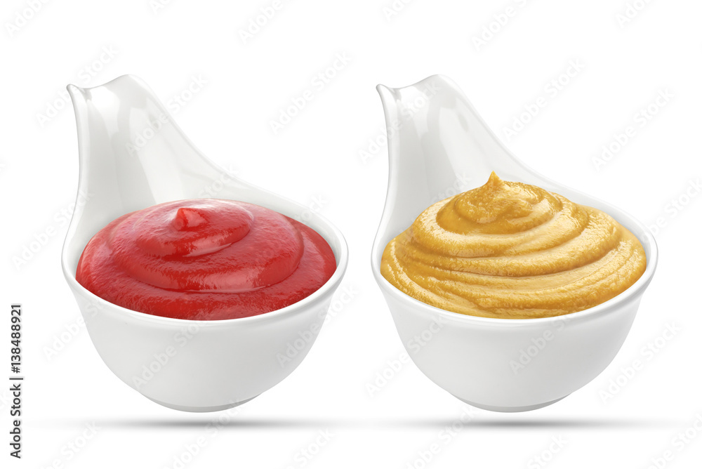 Ketchup and mustard sauces in bowl isolated on white background