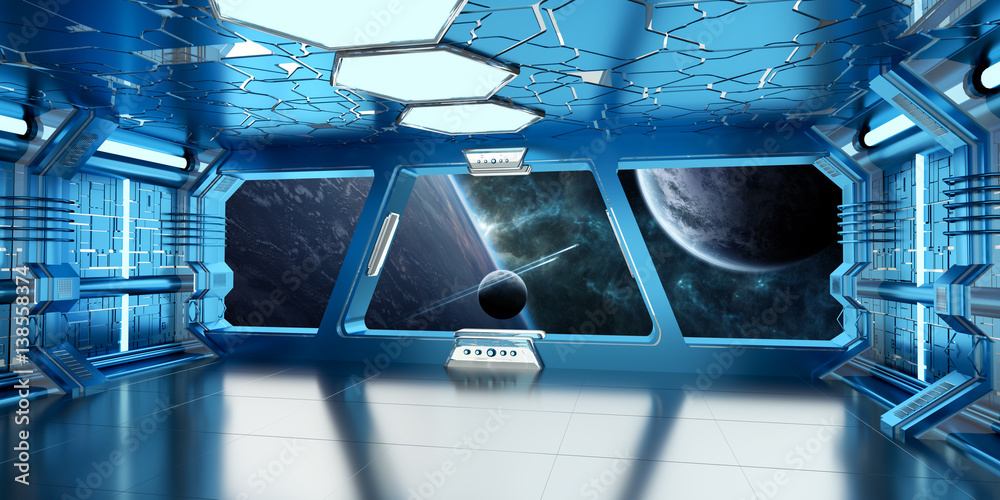 Spaceship interior with view on distant planets system 3D rendering elements of this image furnished