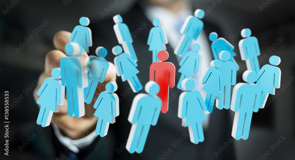 Businessman holding 3D rendering group of people in his hand