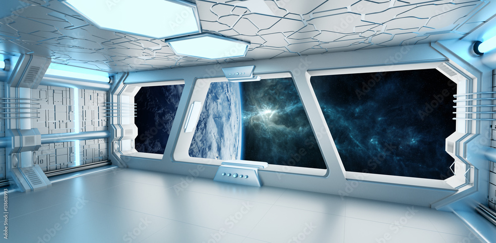 Spaceship interior with view on the planet Earth 3D rendering elements of this image furnished by NA