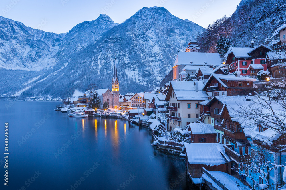 Hallstatt in mystic winter twilight, Salzkammergut, Austria