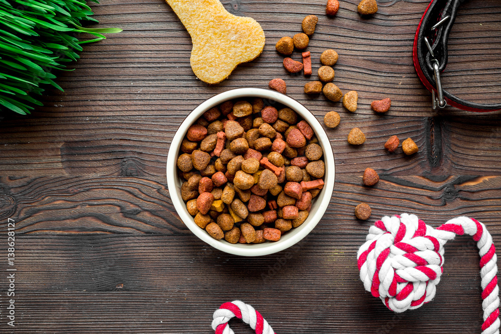 dry dog food in bowl on wooden background top view