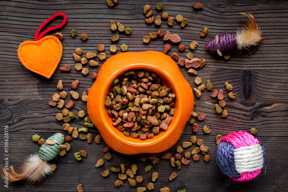 dry cat food in bowl on wooden background top view