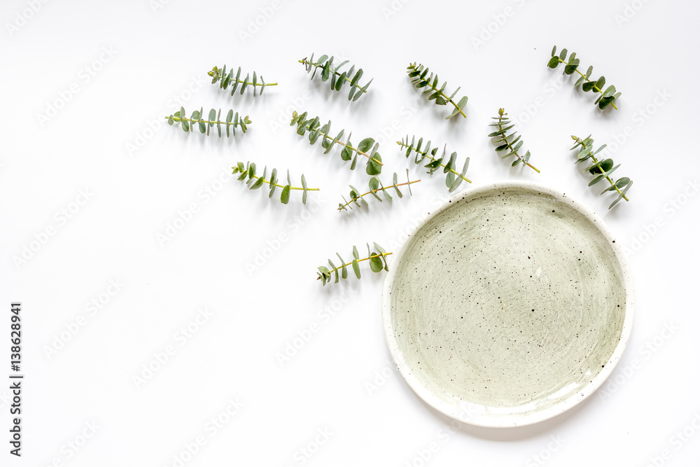 woman breakfast mockup with lavander and eucalyptus on white table top view