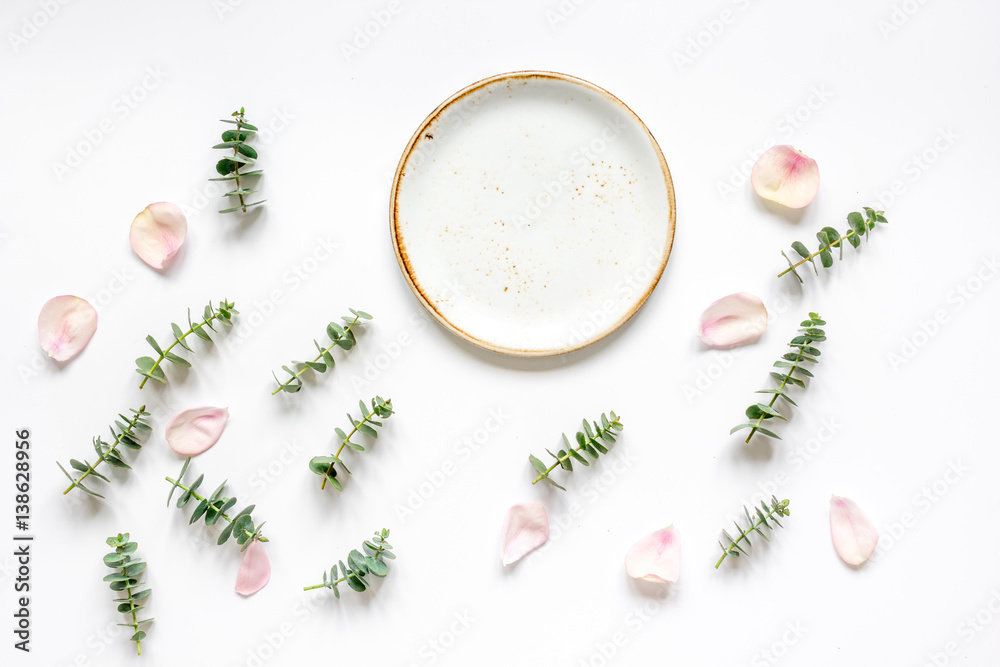 woman table with flower and herbs top view white background mock up