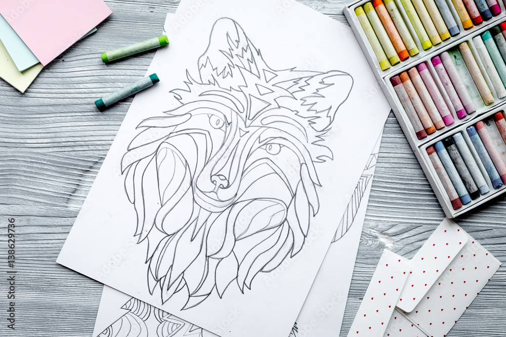 coloring picture for adults on wooden background top view