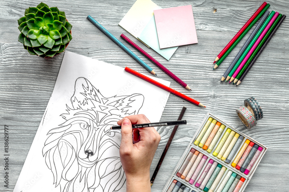 coloring picture for adults on wooden background top view