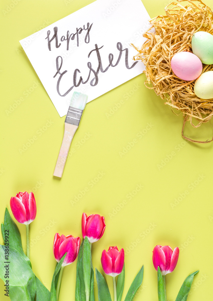 Easter concept on yellow background top view mockup