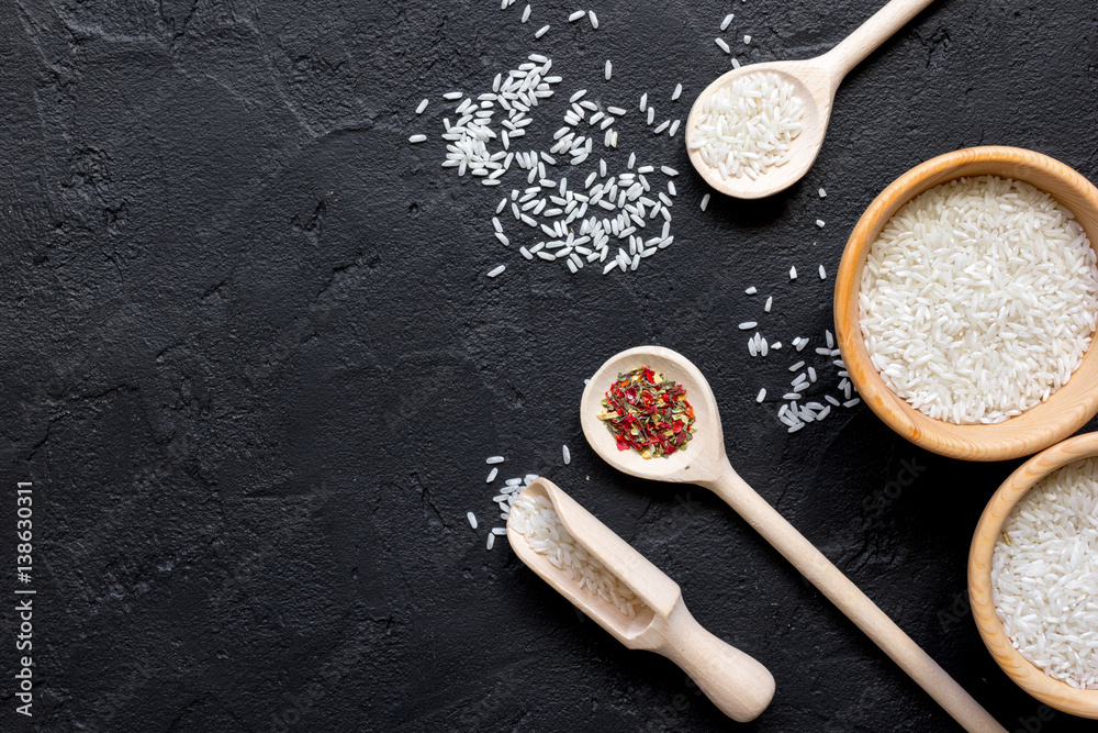 ingredients for paella on dark background top view